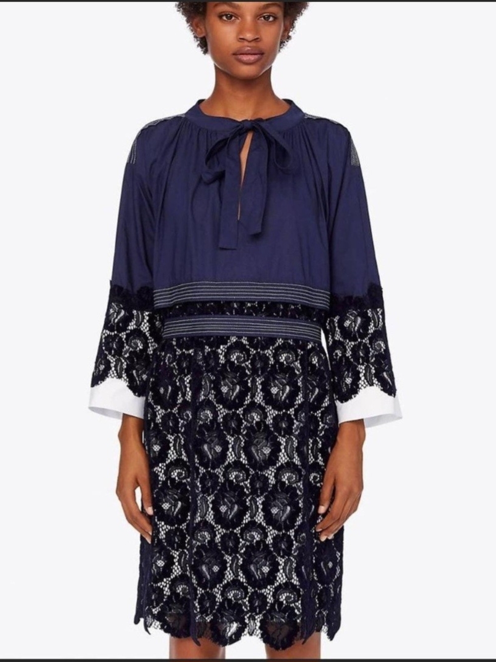 Tory Burch Navy and Black Lace-Trim Tie-Neck Cocktail Dress Size Medium